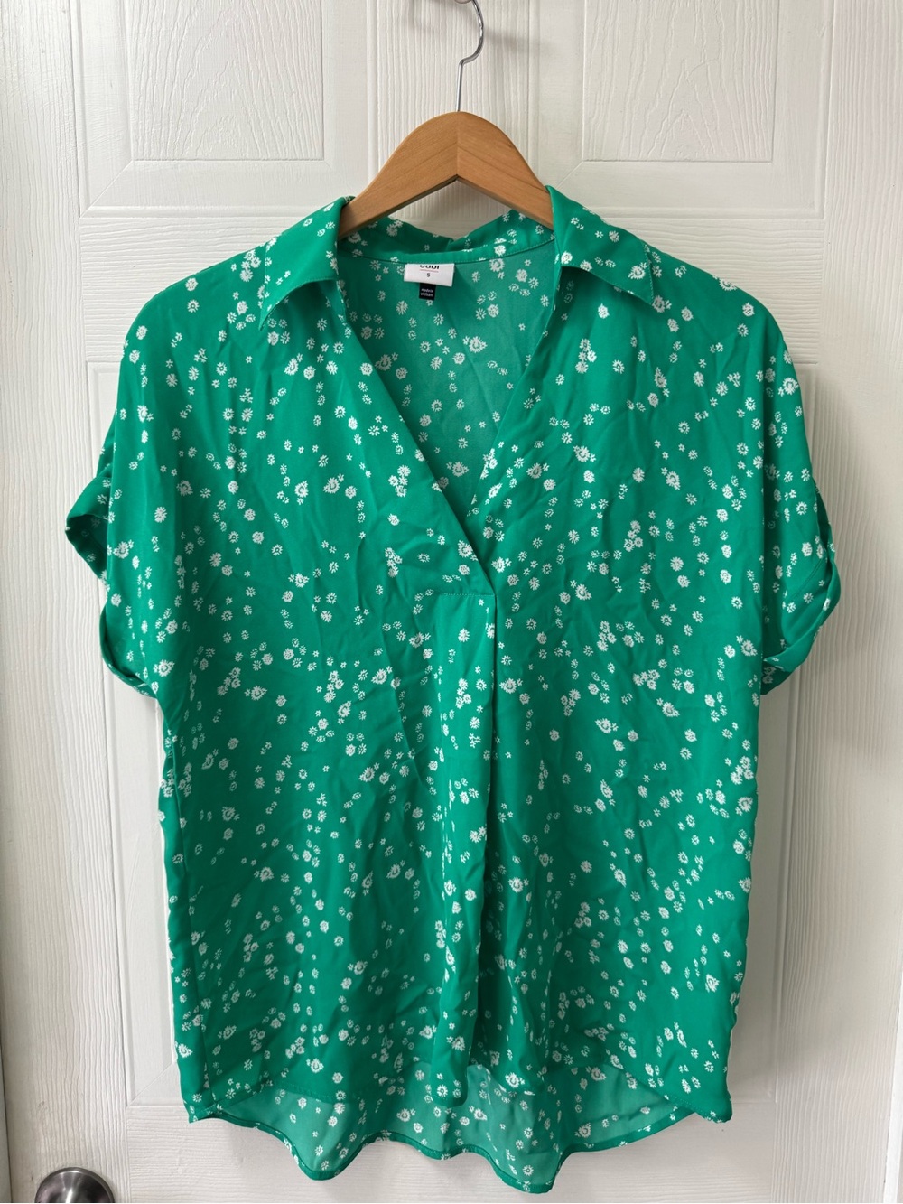 CAbi Emerald Green Short Sleeve Button Down with White Floral Print